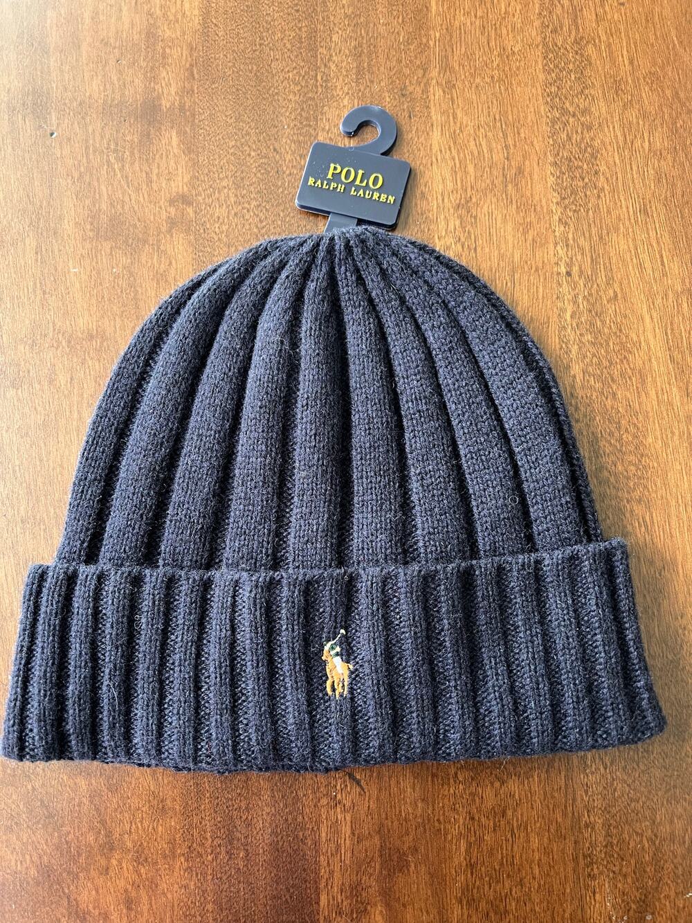 Polo Ralph Lauren Beanie Mens Navy Flesh Pony Wool Blend Rib Knit Cuff NEW
